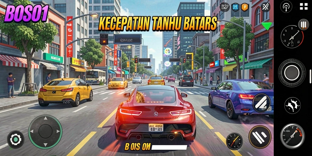 Screenshot utama BOS01 menunjukkan aksi balapan mendebarkan di trek berliku.
