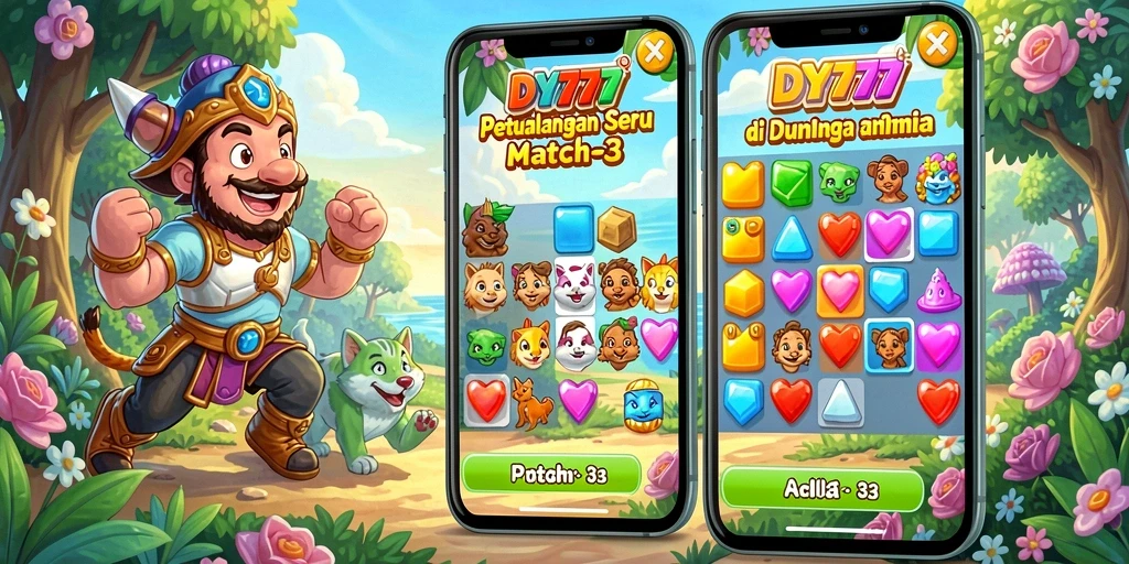 Tampilan gameplay DY777 dengan kombinasi warna-warni dari item Match-3.