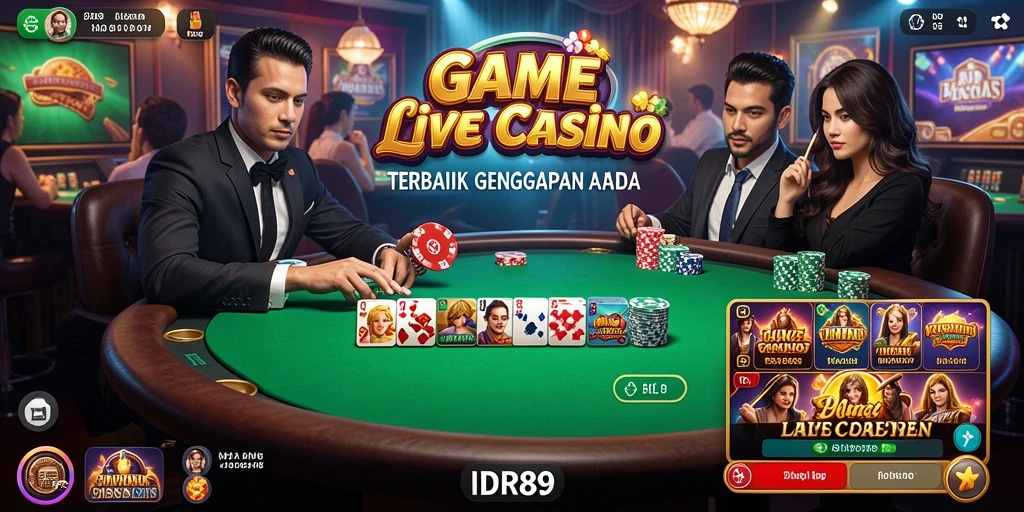 Screenshot gameplay IDR89 menampilkan dealer profesional dan suasana kasino yang hidup.