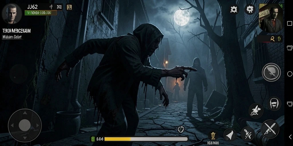 Tampilan gameplay JJ62 menampilkan suasana horor yang mencekam dan menegangkan.