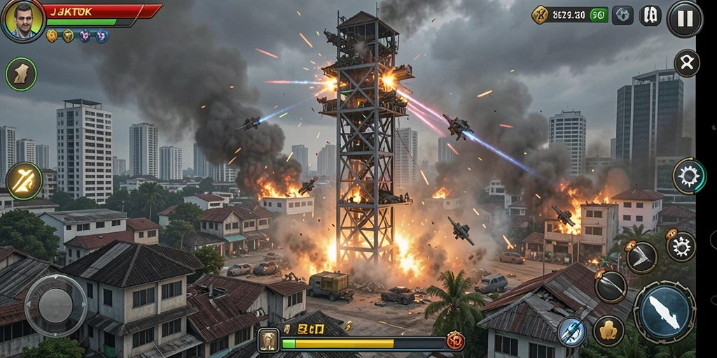 Screenshot gameplay menunjukkan menara yang siap menghadapi gelombang serangan musuh.