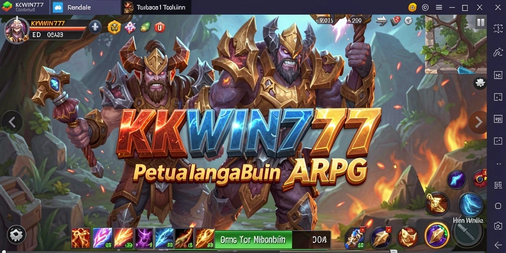 Screenshot utama KKWIN777 menampilkan aksi pertarungan epik di dunia fantasi.
