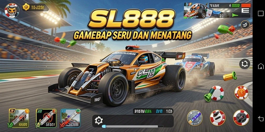 Tampilan gameplay balap cepat di SL888 dengan mobil-mobil beraneka ragam.