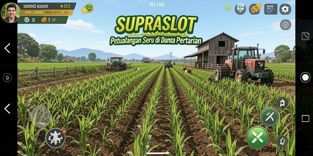 Tangkapan layar gameplay <strong>SUPRASLOT</strong> menampilkan keindahan ladang yang subur dan aktivitas bertani.