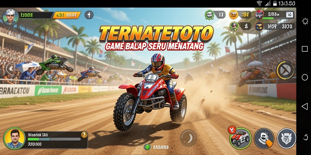 Gameplay TERNATETOTO dengan balapan seru dan kendaraan yang bertenaga.
