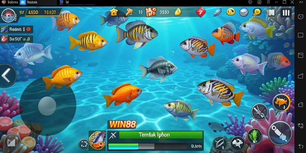 Screenshot gameplay <strong>WIN88</strong> yang menunjukkan aksi menembak ikan.