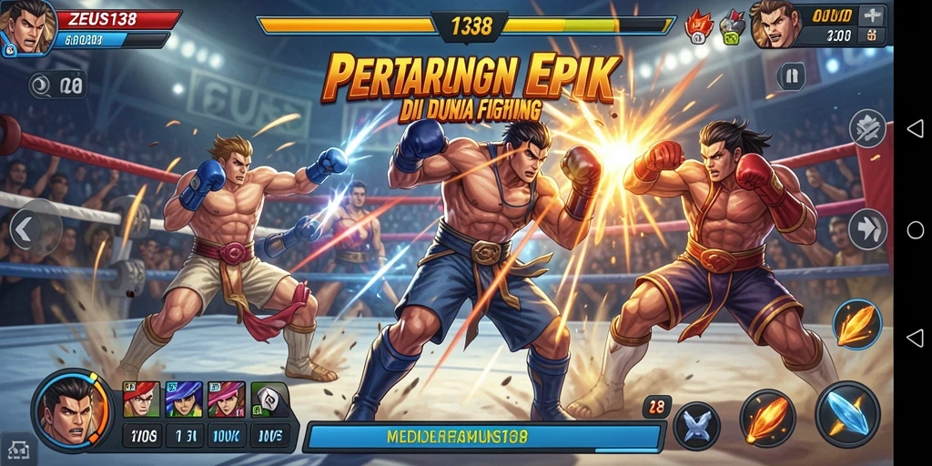 Tampilan gameplay epik dari pertarungan karakter di ZEUS138.